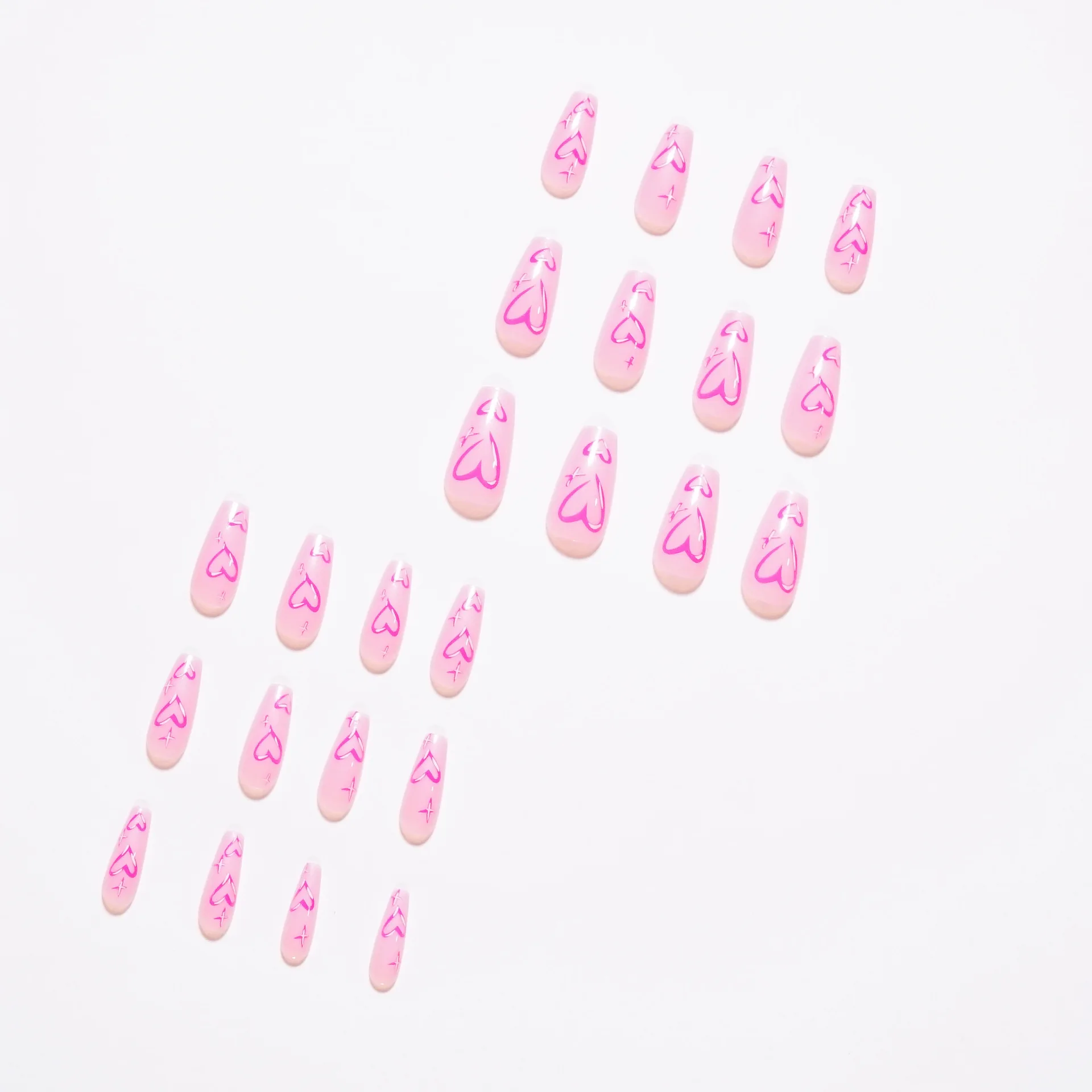 .Miemie Design 24-Piece Long Coffin ABS Reusable Ins Artificial Nails Pink Heart-Shaped  Pattern False Nails Fingers