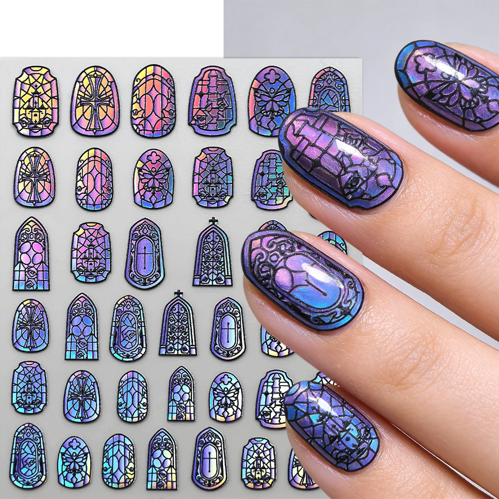 5D Sparkly Retro Glass Fragment Nail Sticker Holographic Flower/Butterfly/Cross/Castle Nail Decals Geometric Frame Nail Decor view 5