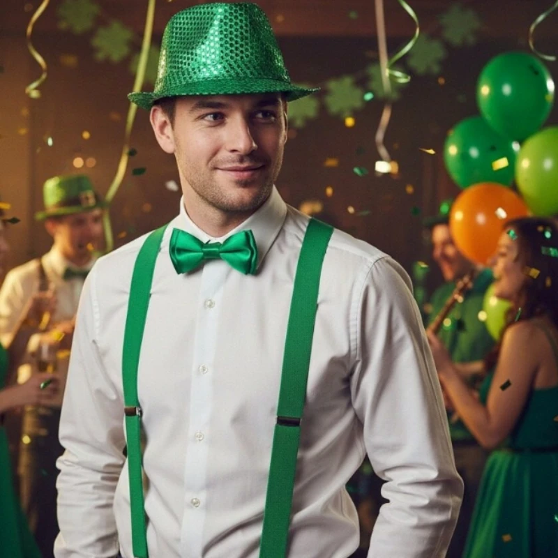 

Сверкающий комплект костюма ко Дню Святого Патрика: зеленая шапочка с пайетками, бретелька и галстук — идеально подходит для ирландских праздничных мероприятий.