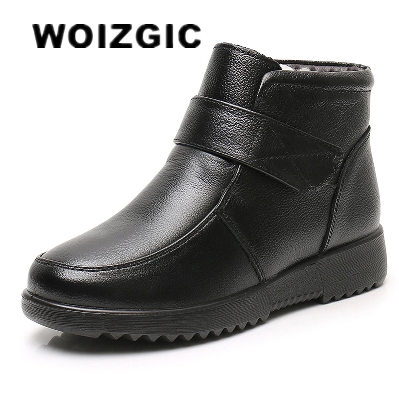 WOIZGIC Women\'s Ladies Mother Female Genuine Leather Ankle Shoes Platform Boots Winter Fur Plush Round Toe Non Slip Hook Loop