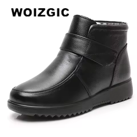 WOIZGIC Women's Ladies Mother Female Genuine Leather Ankle Shoes Platform Boots Winter Fur Plush Round Toe Non Slip Hook Loop