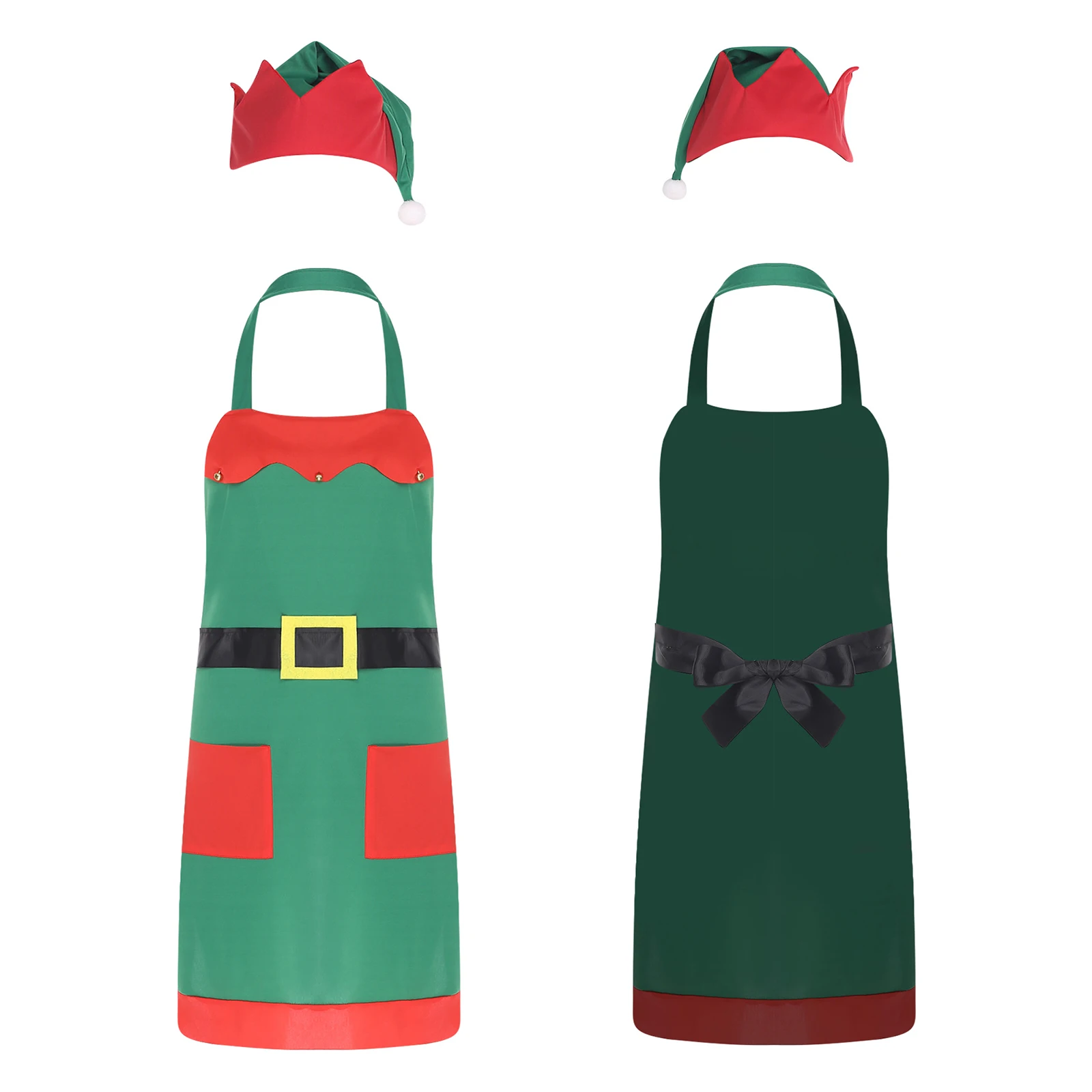 Women Red-green Lace-up Cooking Chef Apron And Pointed Hat Set for Xmas Mrs Santa Claus Christmas Elf Cosplay Performing Apron