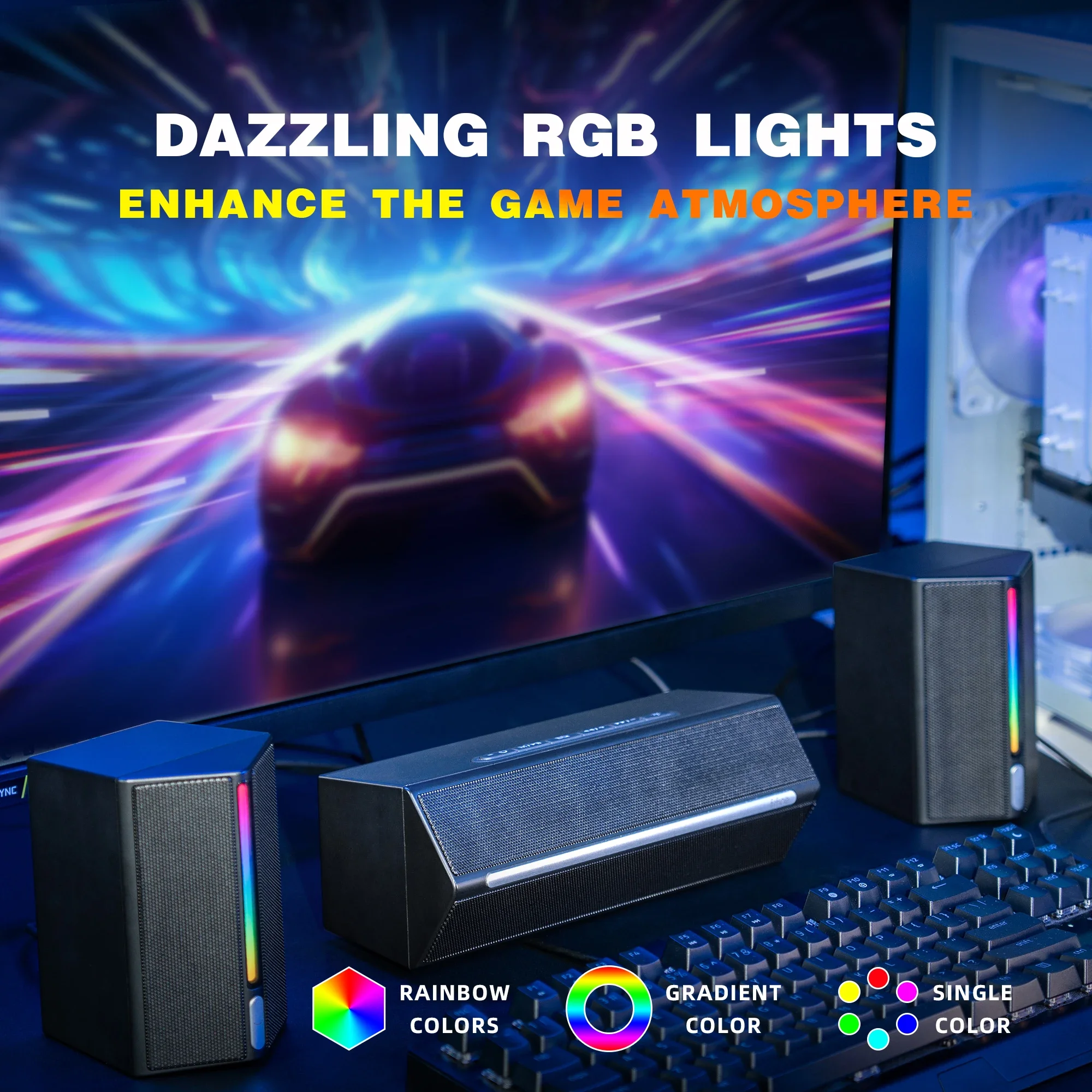 Ampligame 전문 2.1 채널 무선 데스크탑 스피커, 휴대용 홈 시어터 HIFI RGB PC 게임용 스피커, A22