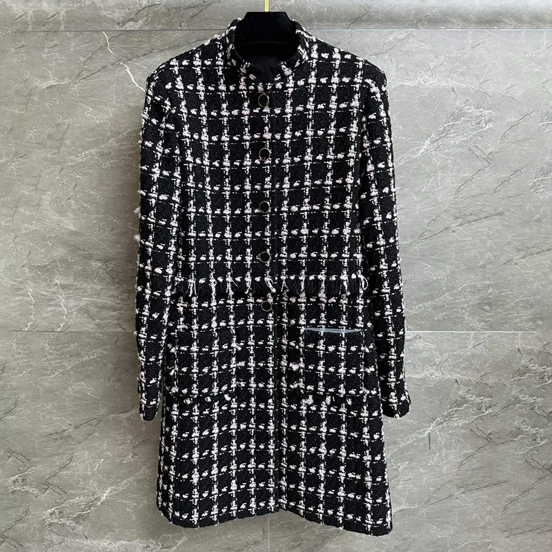 

Высококачественное твидовое клетчатое женское длинное пальто, элегантная и стильная зимняя женская одежда 251107113