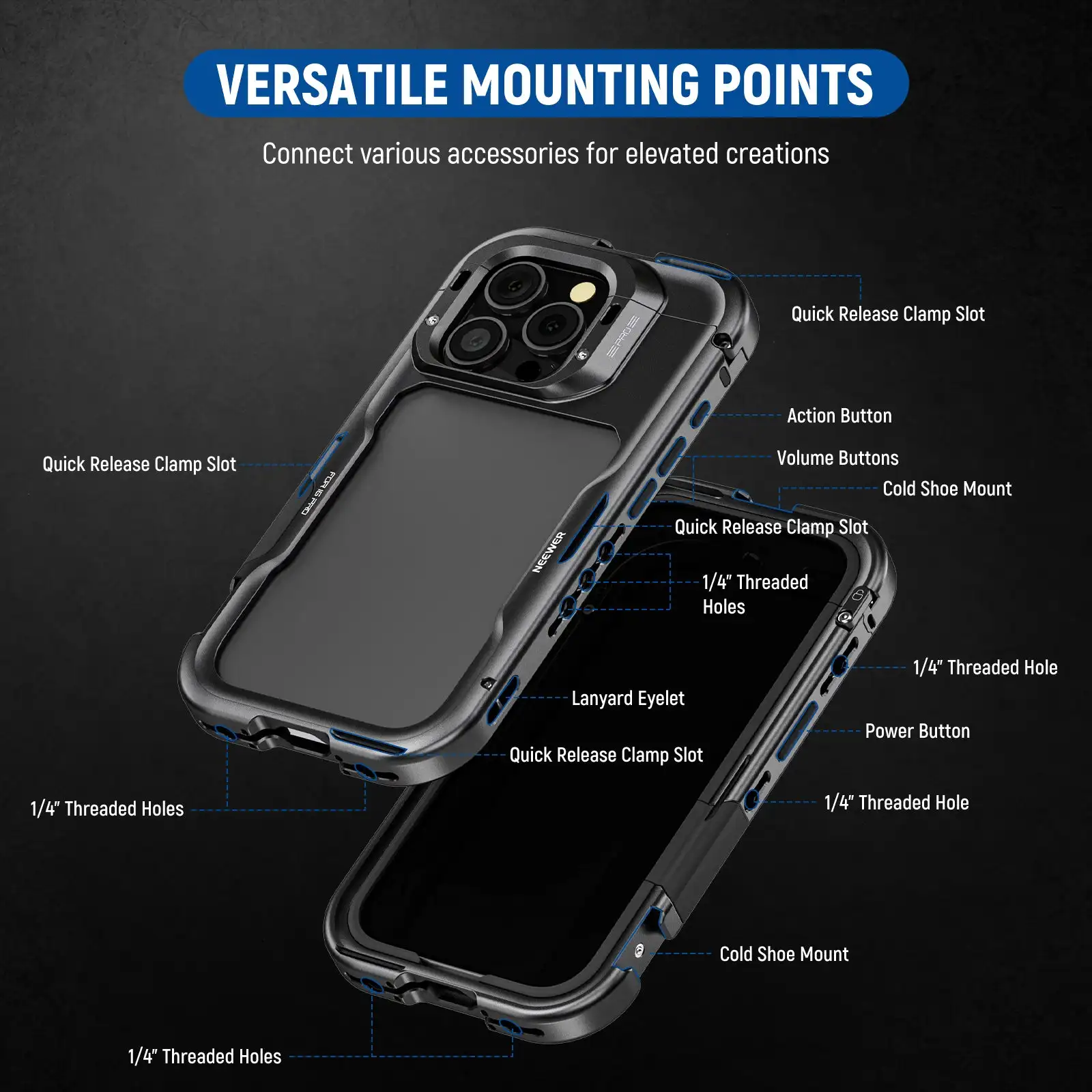 Custodia per gabbia per telefono NEEWER con piastra di base per obiettivo da 17mm e adattatore per filtro da 67mm per iPhone 16 Pro/ 16 Pro Max PA073/PA074