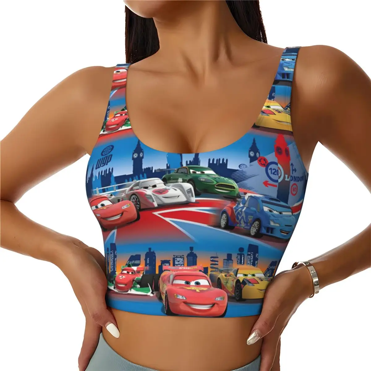 

Custom High Impact Lightning McQueen Anime Sports Bra for Women Cars Pattern Gym Workout Yoga Crop Top
