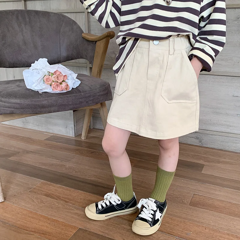 Baby Girls Skirt Autumn Children\'s Solid Versatile Half Skirt Girl Twill Cotton Pocket Work Dress Casual Versatile Short Skirt