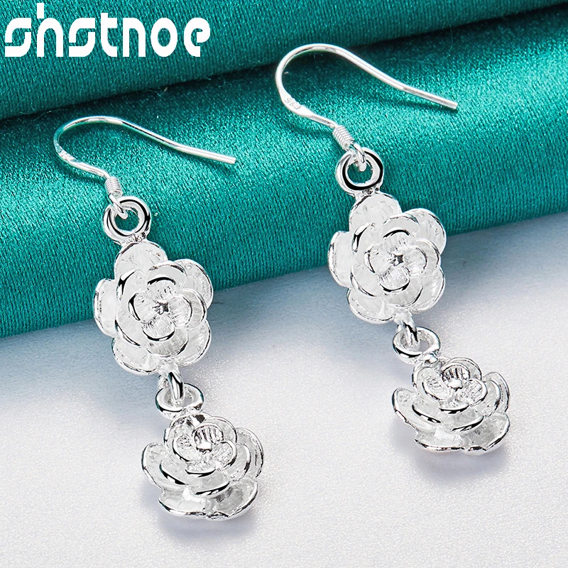 SHSTONE 925 Sterling Silver Two Rose Flower Drop Earrings For Women Party Engagement Wedding Valentines Gift Fashion Jewelry