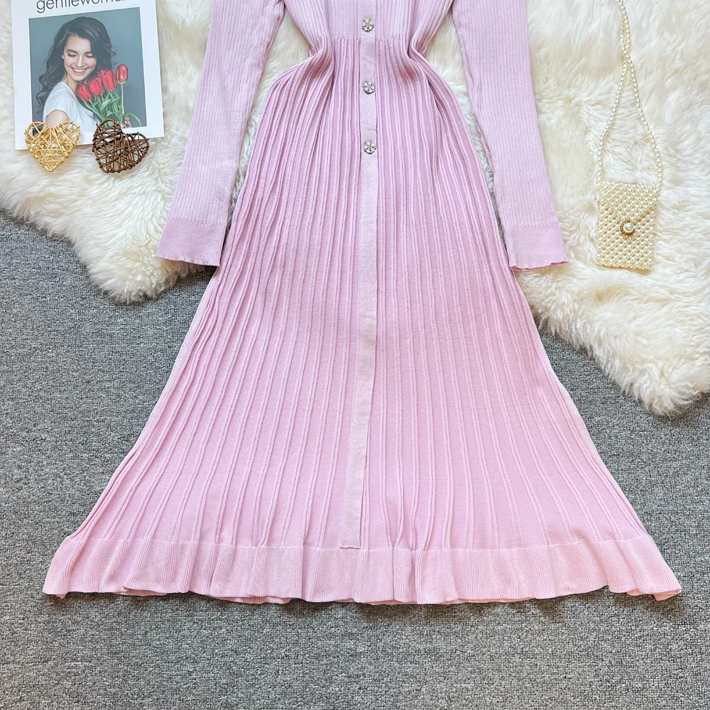 YuooMuoo Chic mode femmes élégant plissé tricoté longue robe 2025 automne hiver col en v dame robe pull coréen fête Vestido