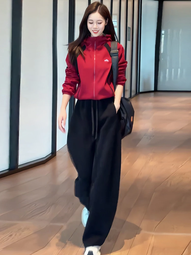 

Spring Running Training Casual Sportswear Women's High Waist Wide Leg Pants Hoodie Two Piece Set Comfortable Long Sleeve Red