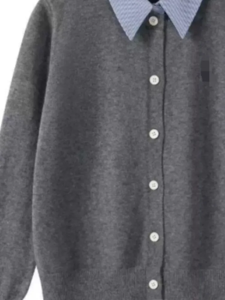 자수 니트 가디건 여성 페이크 투피스 셔츠 칼라 패치워크 싱글 브레스티드 스웨터 코트 우아한 여성 상의