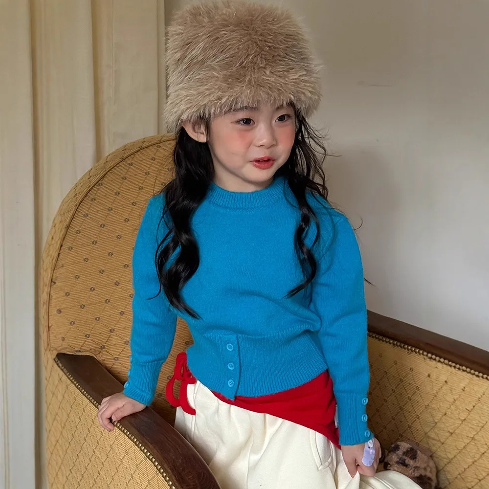 

Новый зимний свитер для маленьких девочек, однотонный детский трикотаж с пышными рукавами для маленьких девочек, повседневные пуловеры с эластичной резинкой на талии для маленьких девочек