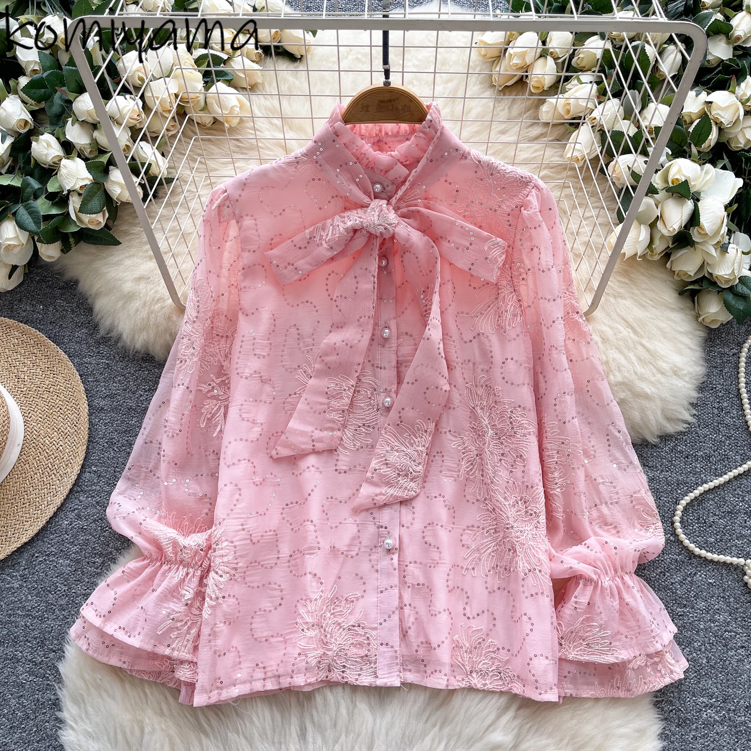 

Sequin Embroidered Bow Woman 2025 Shirts & Blouses Flare Sleeve Blusas Mujer Sweet Court Style Ropa Autumn Clothing Camisas