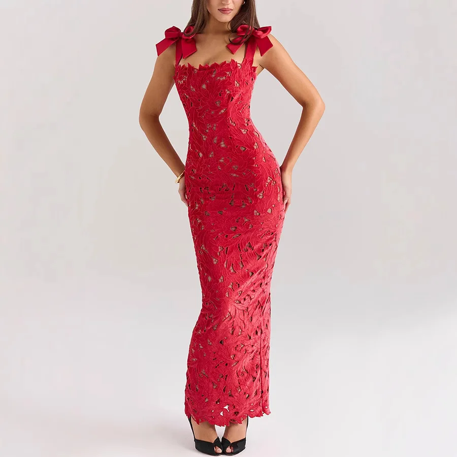 

2025 New Fashion Hip-hugging Lace Dress Women Summer Sexy Solid Color Bow Suspender Holiday Party Long Dresses For Women