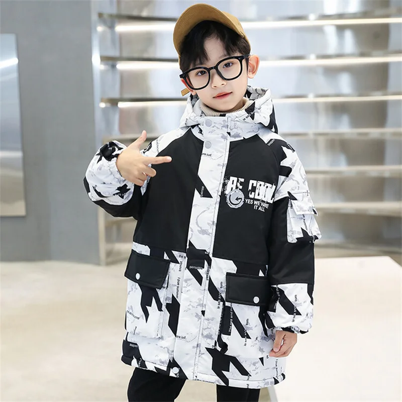 Boys Coat Jacket Cotton Outerwear Windbreak 2023 Hooded Thicken Velvet Winter Warm Teenagers Children\'s Clothing