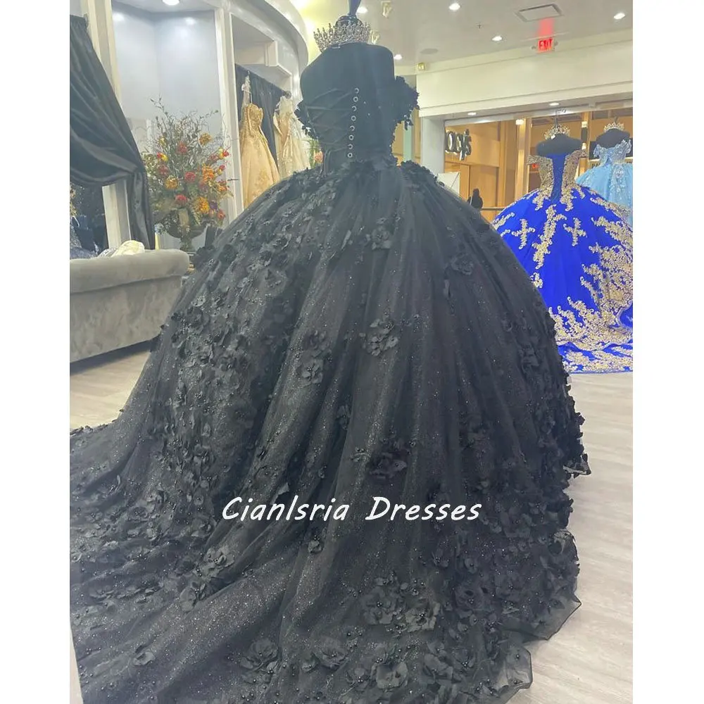 Black Pearls Crystal Quinceanera Dress Ball Gown Off The Shoulder 3D Flowers Appliques Corset Vestidos De Quinceañera