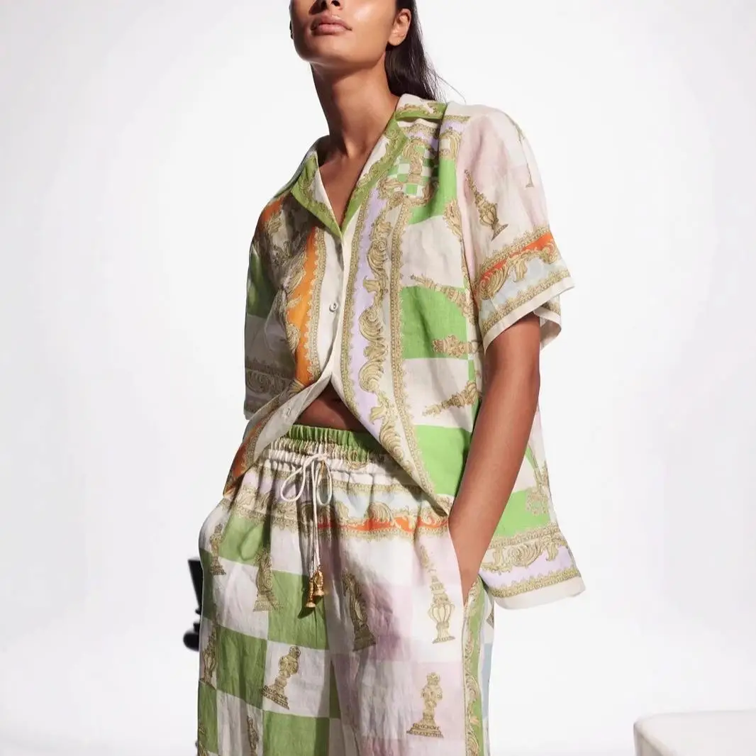 Casual Holiday Linen Print Short Sleeve Shirt Loose Women's Fashion Pants Set Cross-Border 2025 Independent Station
