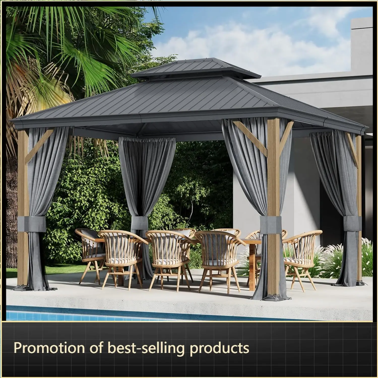 

10x 12 Ft Hardtop Gazebo, Outdoor Metal Canopy with Heavy Duty Aluminum Frame, Privacy Curtain and Netting Included