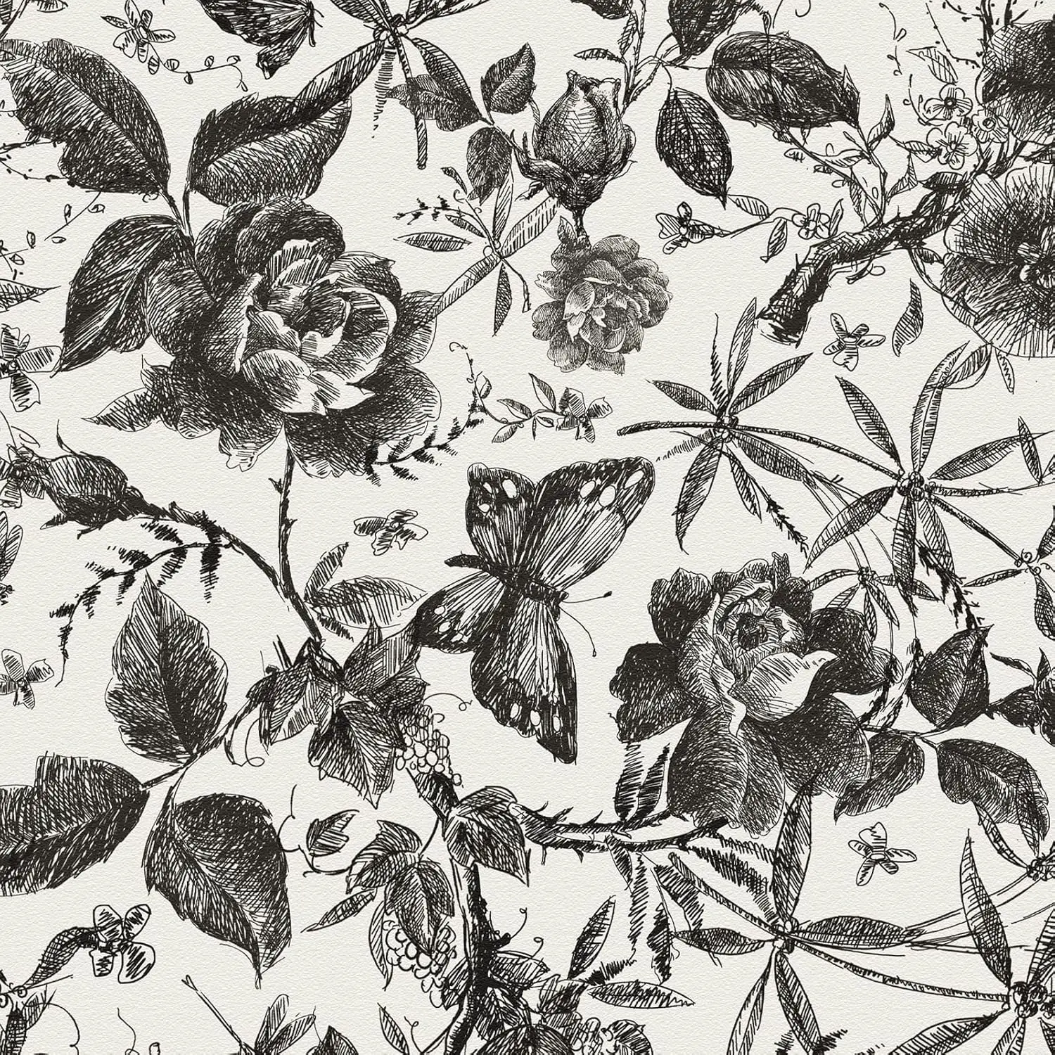 

Peel and Stick Wallpaper Black Rose Floral Vintage Removable Vinyl Wall Decor 15.8" x 800"