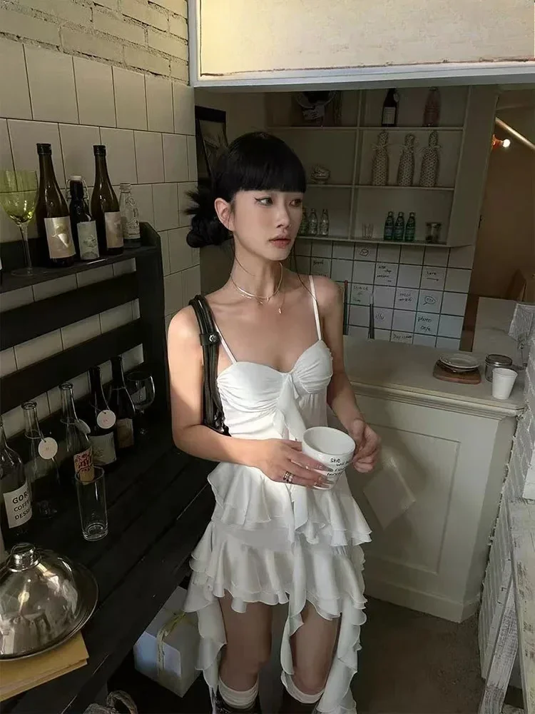 Y2K Streetwear Abito a canotta in pizzo Donna Estetica Ruffle Slim Abito irregolare Summer Club Party All Match Abiti da donna