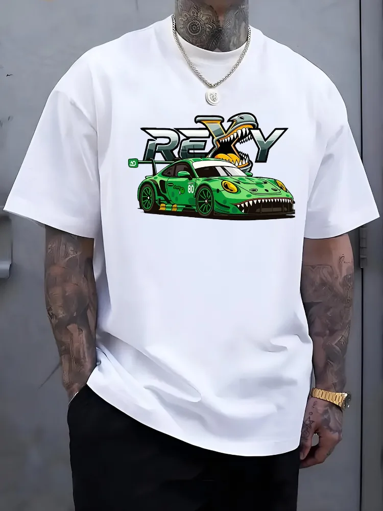 Men Purple Oversized Tee Rex Dino Race Car Graphic Soft Cotton Short Sleeve Crewneck Motorsport Street Summer Male Daily Tops