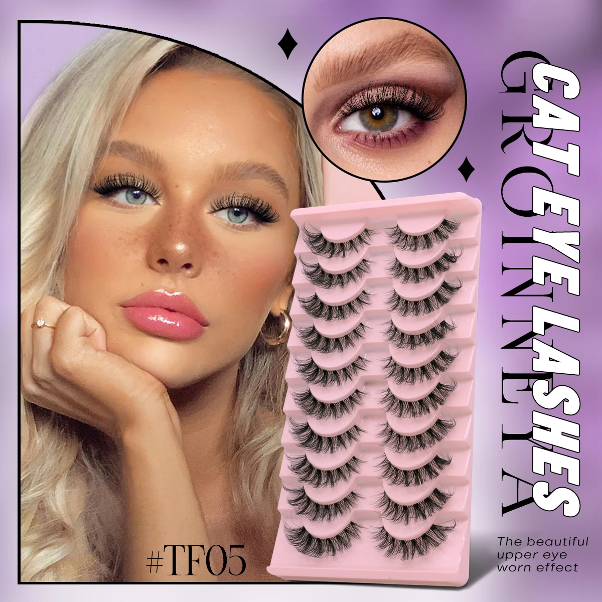 GROINNEYA Mink Eyelashes Fluffy Cat Eye Lashes Pack Fake Eyelashes Manga Lashes 5/10 Pairs 3D Clear Band Lashes Natural