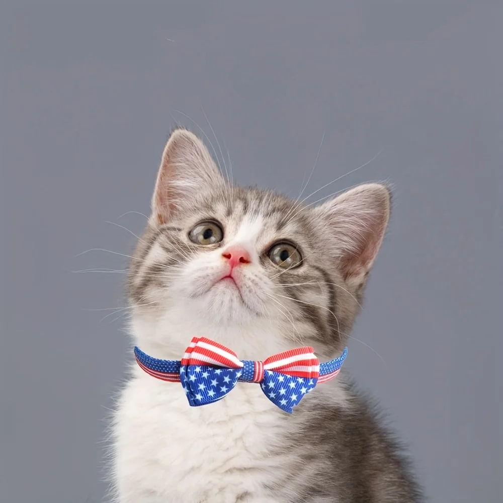 Adjustable Independence Day Polyester Pet Collar with American Flag Design and Bow for Cats and Dogs