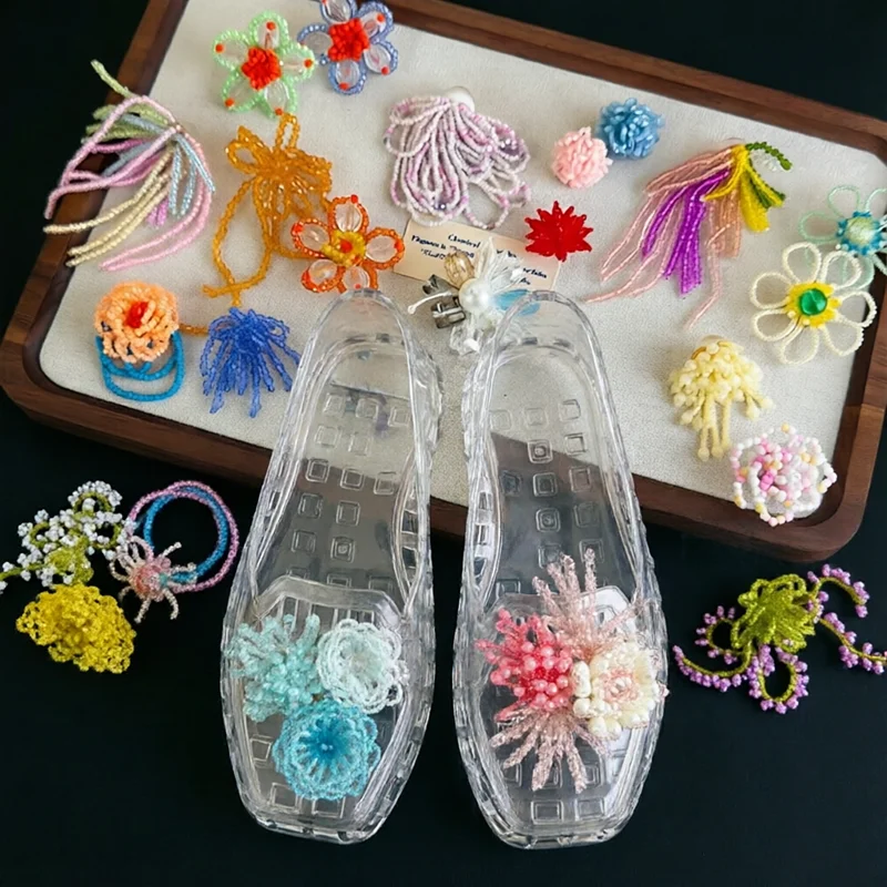 3PCS Beaded Flower Shoe Charms Removable Clips Crystal Jelly