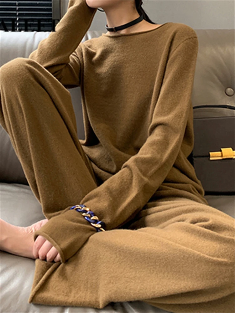 REALEFT Autumn Winter 2 Pieces Women Sets Cashmere Tracksuit 2024 Slash Neck Sweater and Wide Leg Jogging Pants Pullover Suits