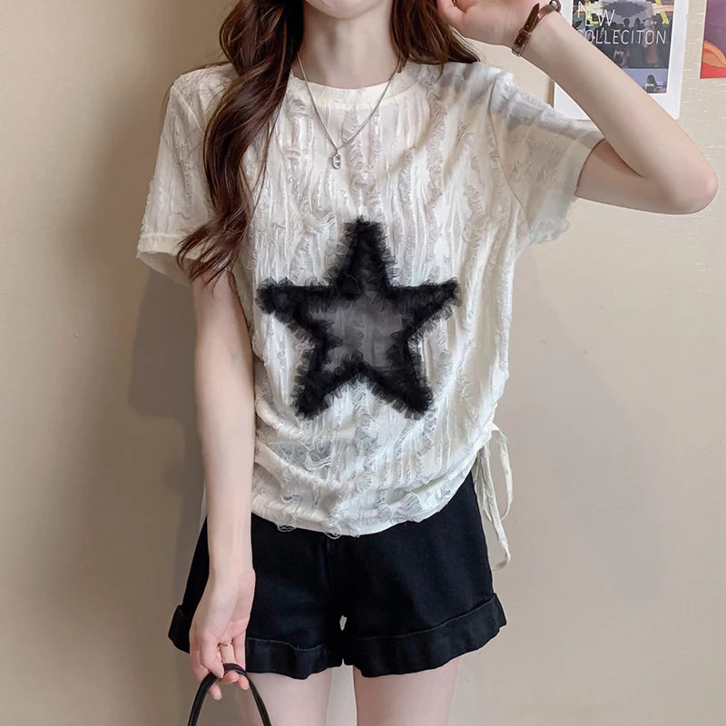 Summer Cut-out Short Sleeve Ripped T-shirt Slim Half Sleeved Star Embroidered Crew Neck Top Ins Tees