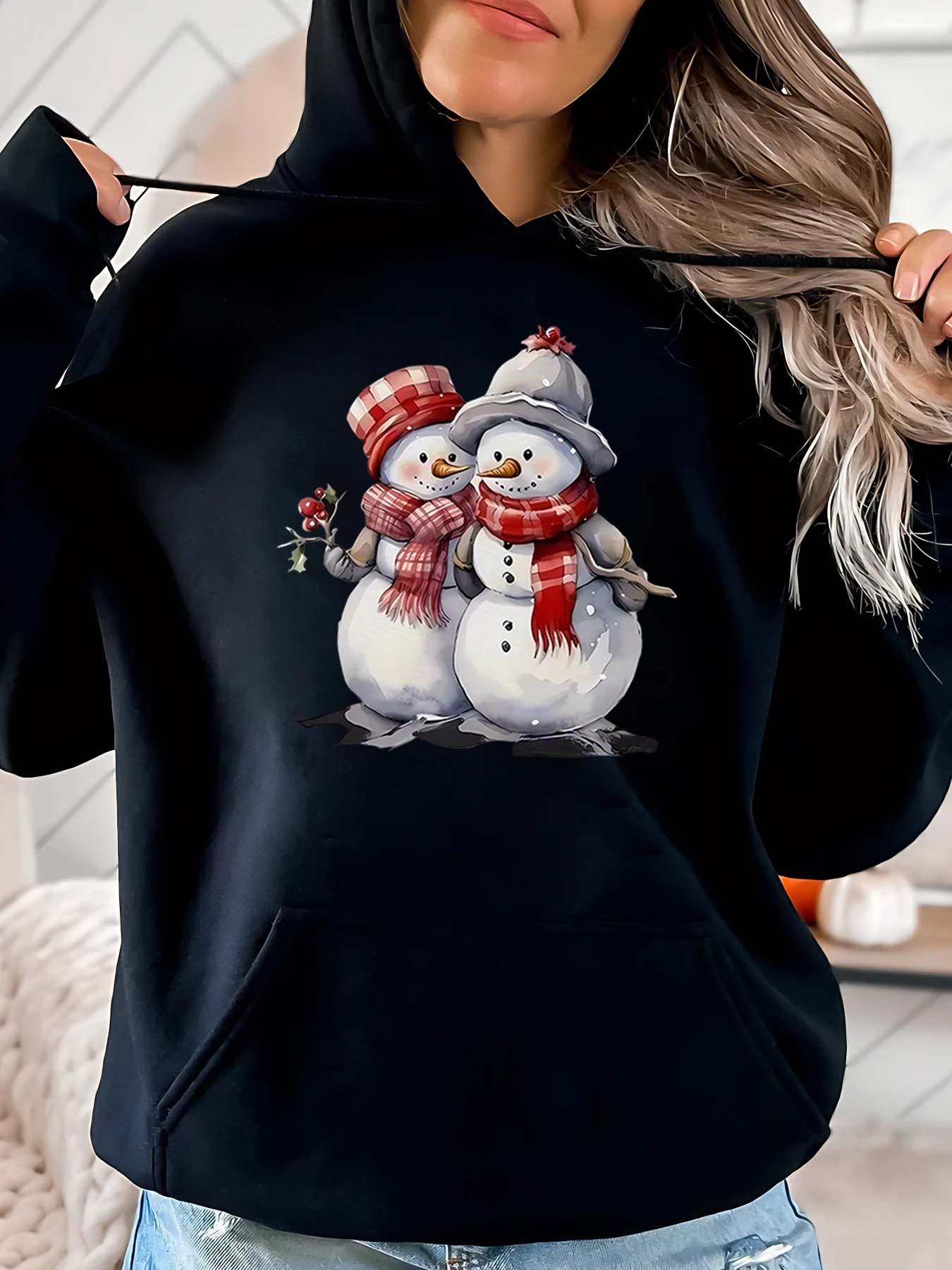 Sweat à capuche de noël imprimé bonhomme de neige pour femme, vêtement d'hiver décontracté, noir, grande taille