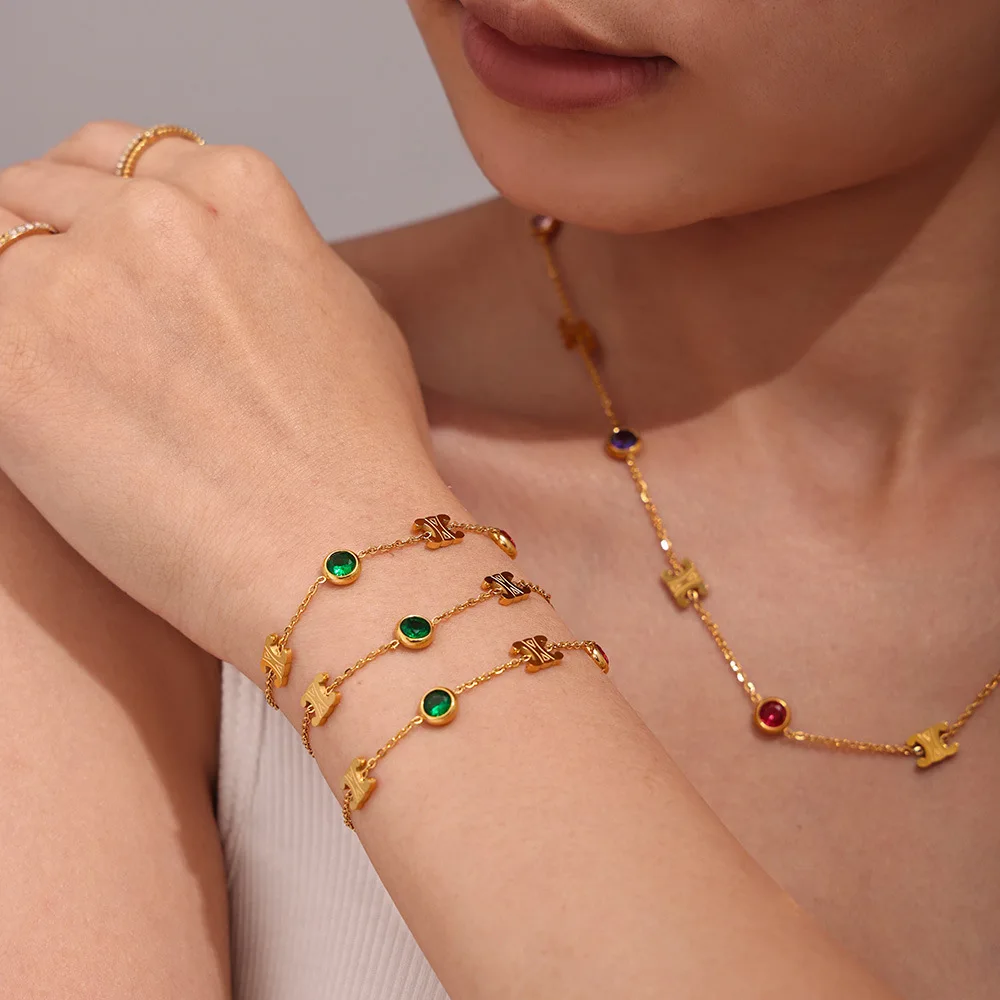 New Colored Diamond Set Necklace Bracelet Jewelry Set Stainless Steel Gold Plated Luxury