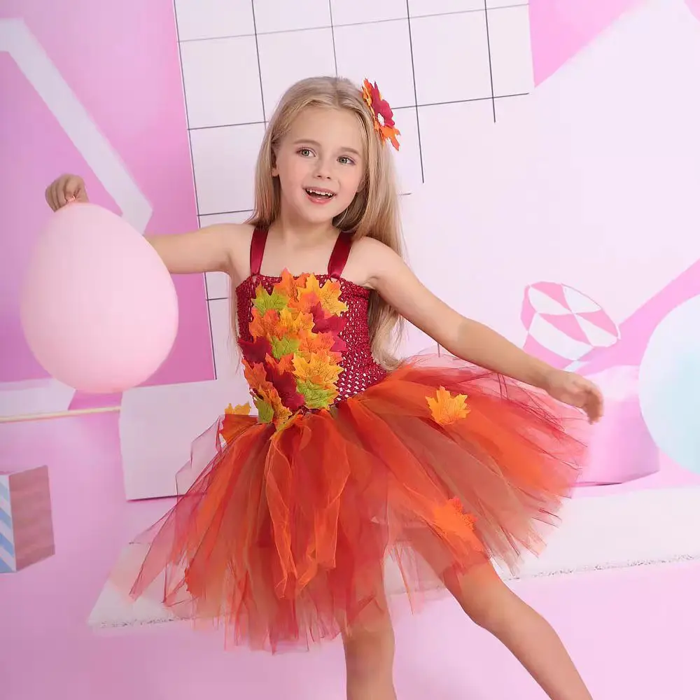 Kids Clothes For Girl Simulation Maple Leaves Halloween Dress Up Costume For Girl Autumn Fairy Thanksgiving Tulle Princess Dress