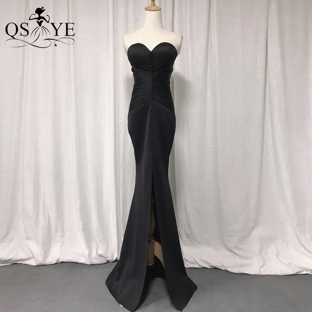 

QSYYE Front Split Black Mermaid Long Prom Dress Fitted Elastic Ruched Evening Gown Buttons Formal Party Sweetheart Girls Gown