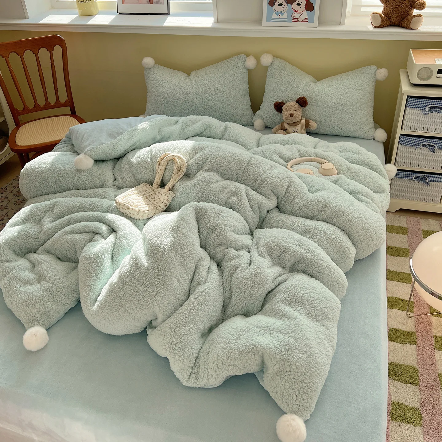 Artificial Lamb Fleece Bedding Set Winter Thicken Duvet Cover Set with Bed Sheet Warmth Quilt Comforters Cover and Pillowcases