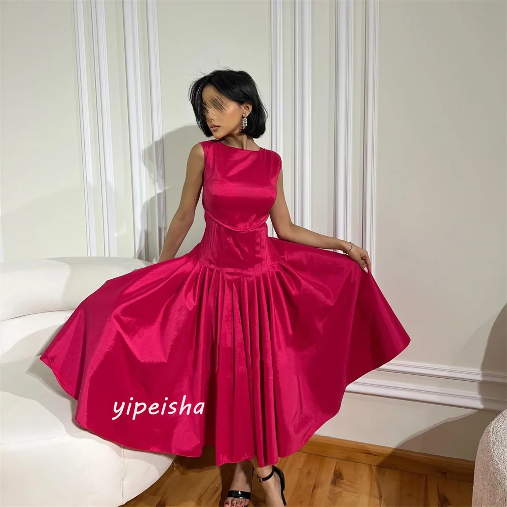 Jiayigong  Satin Draped Ruched Birthday A-line O-Neck Bespoke Occasion Gown Long Sleeve Dresses Saudi Arabia