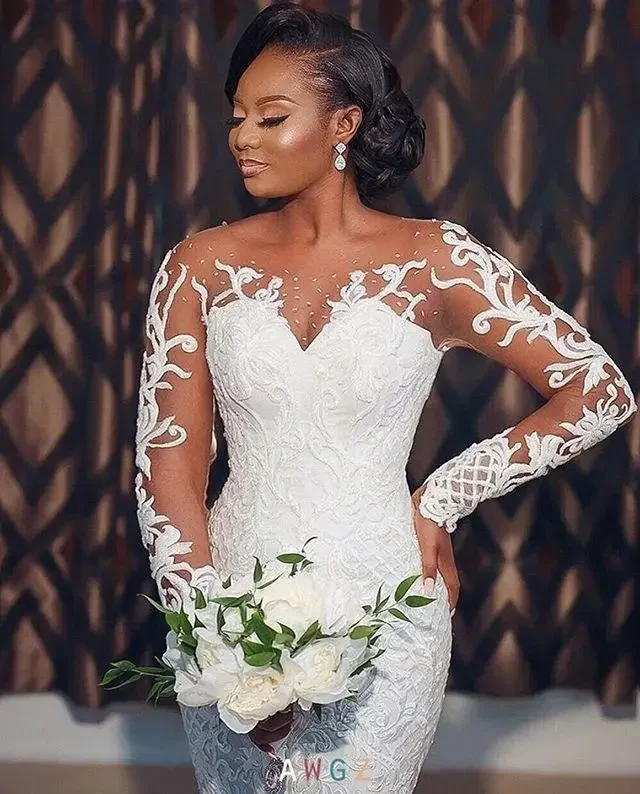 Angepasst Langarm Meerjungfrau Brautkleider Sheer Neck Spitze Applique Outdoor Afrikanische Trompete Braut Hochzeit Vestido De Noiva