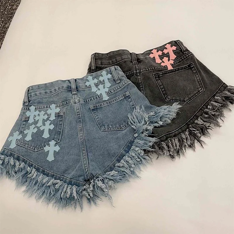 

Raw Edge Fringe Gothic Style Denim Shorts Female Summer American Street High Waist Design Sense Casual A Word Super Short