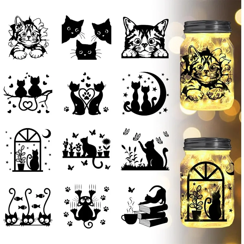 

1Set Cartoon Cat Jar Cutout Paper Silhouette Window Plastic Silhouette Wall Lamp Clings Decals Decorations Home Decor Art Mural