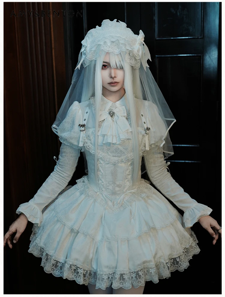 

White Gothic Lolita Subculture Lace Stand Collar Bowknot Puff Sleeve Vintage Print Waistband Mini Dress OP Long Dress for Women