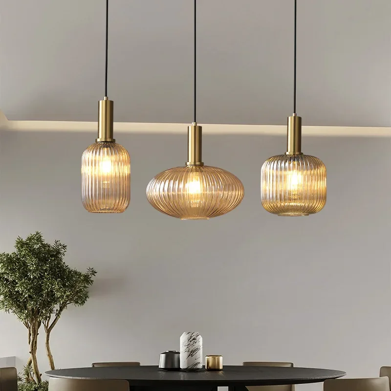 Nordic LED Glass Striped Pendant Light Chandeliers Dining Room Kitchen Restaurant Island Lighting Bedroom Bedside Hanging Lamp