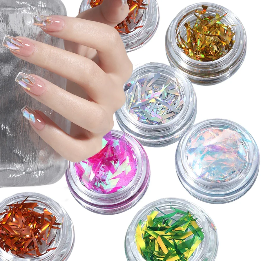 1 جرة غير النظامية أورورا الزجاج فيلم ملصقات الأظافر، سباركلي مسمار الفن الترتر الليزر قزحي الألوان للديكور DIY #1