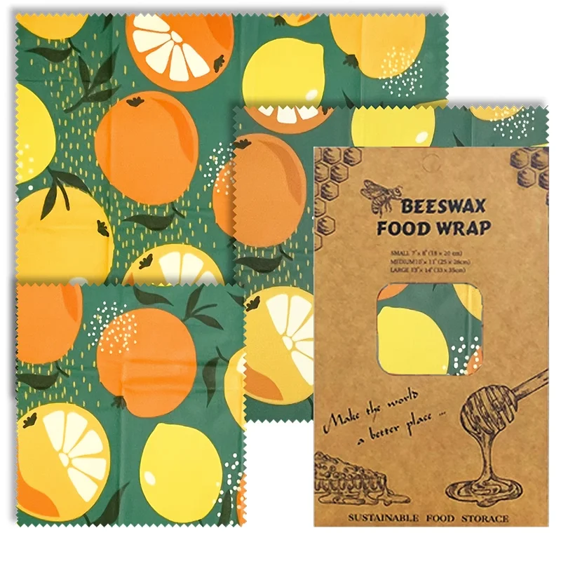 3PC/SET Environmental Organic Cotton Wax Cloth Replace Household Plastic Wrap Reusable and Washable Orange Pattern