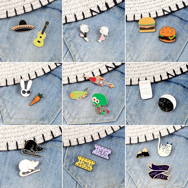 2-3Pcs/Set Fashion Brooches Pins Alien Rocket Enamel Couples Kiss Badges Cartoon Hamburger Mouses Pin Kids Clothes Lapel Jewelry