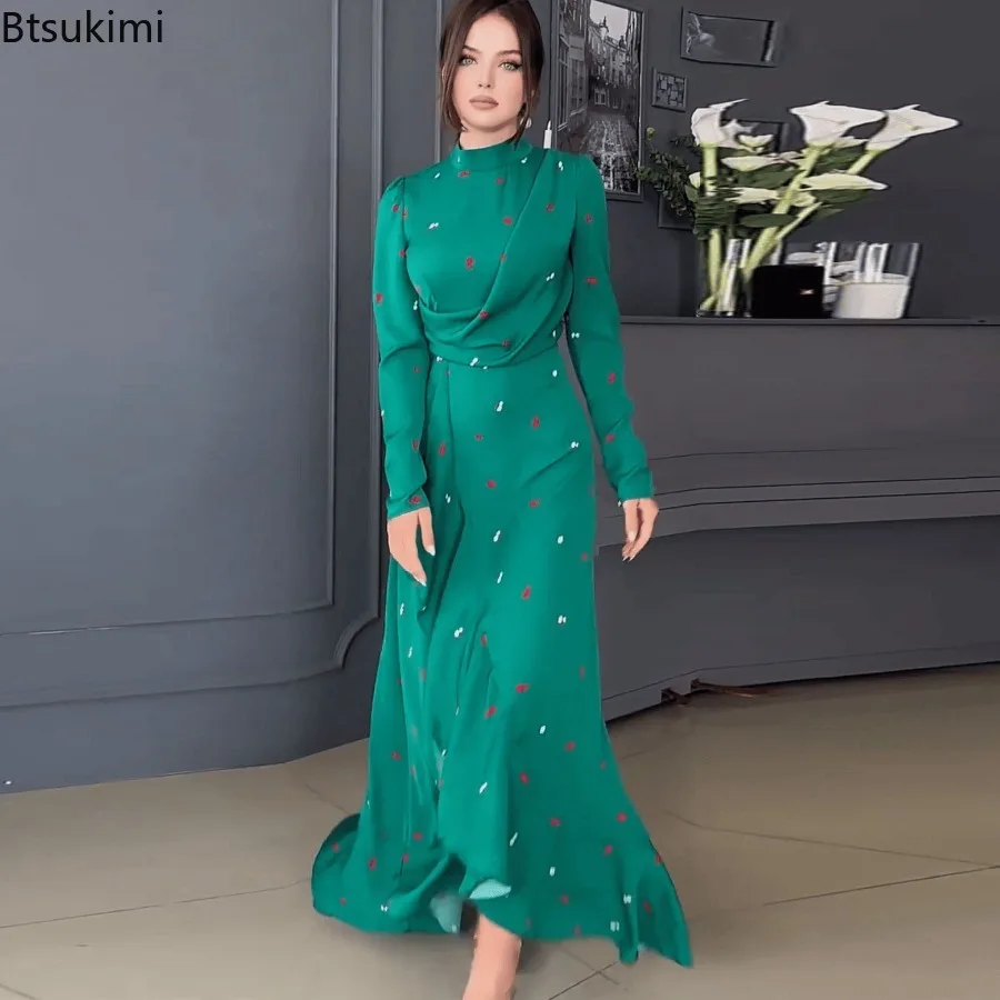 2024 Spring Pretty and Elegant Women Long Dresses Muslim Long Sleeve Flounced Edge Print Maxi Dress Abaya Dubai Arab Kaftan Robe