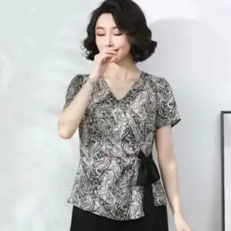 Women Middle Age Printed V Neck Blouse Wide Leg Pants Two Piece Outfit Plus Size Daily Suit S-4XL