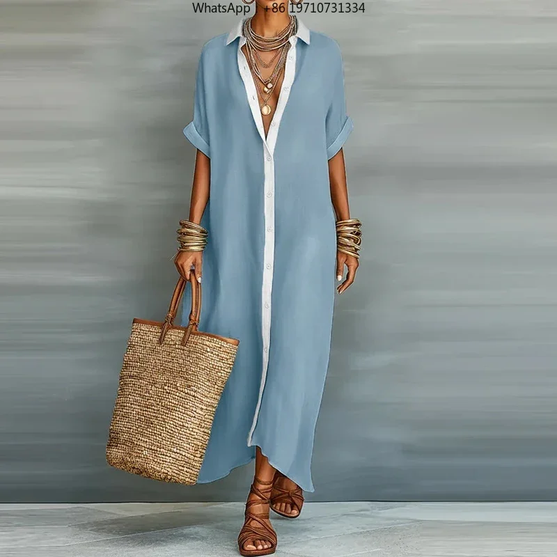 Women Turn-down Collar Shirt Dress Short Sleeve Contrast Button Loose Maxi Dress Summer Casual Party Dress