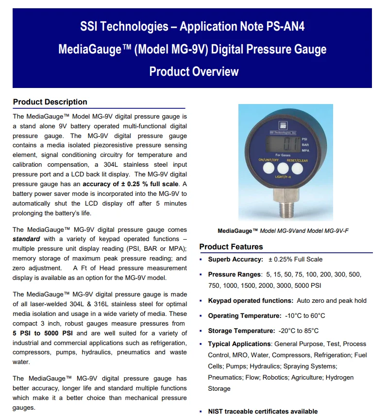 Amphenol MG-100-A-9V-R-NIST Industrial Pressure Sensors