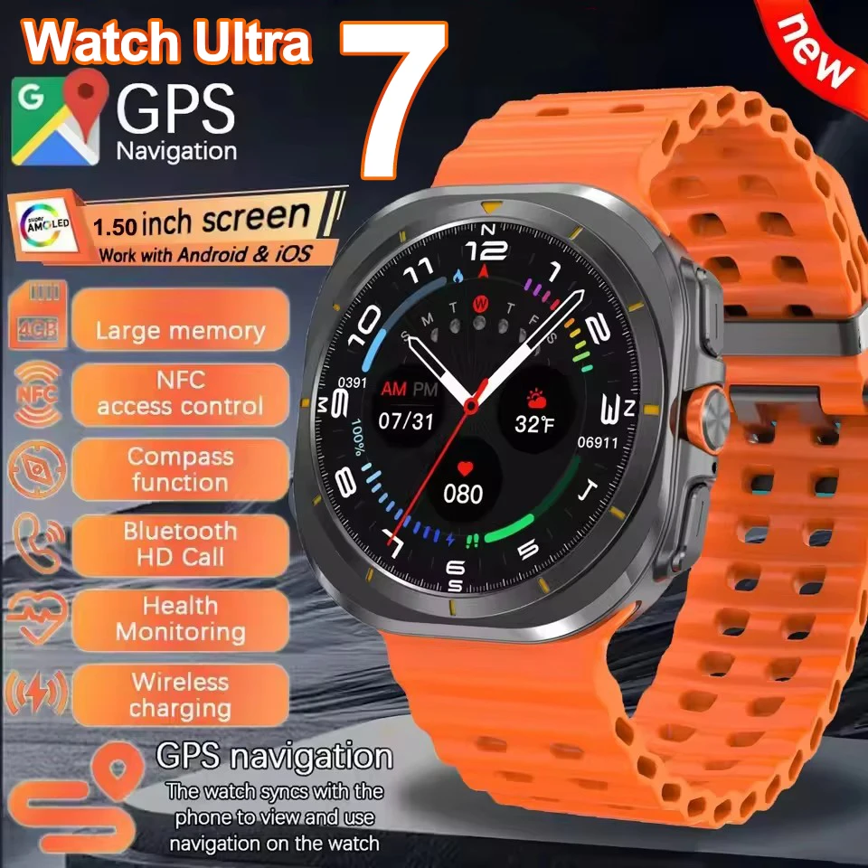 

2025Новые часы 7 Ultra Men Sport SmartWatch 32 ГБ Память AMOLED Экран GPS трекер NFC Компас Сердечный ритм BT Вызов Водонепроницаемые часы