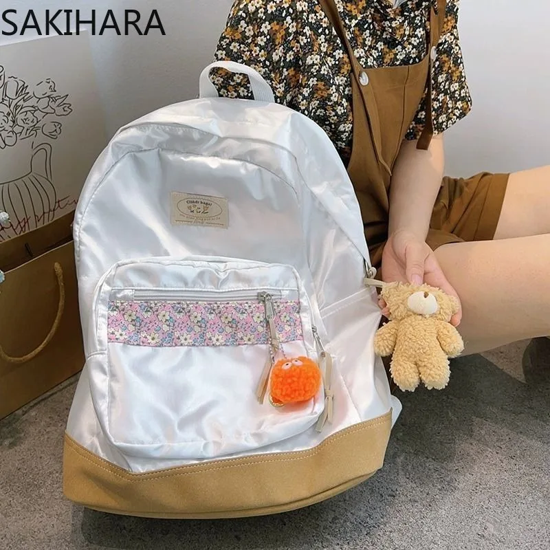 Bolsa escolar floral de grande capacidade para estudantes universitários, mochila casual de cor contrastante, coreana doce, japonesa, todos os fósforos